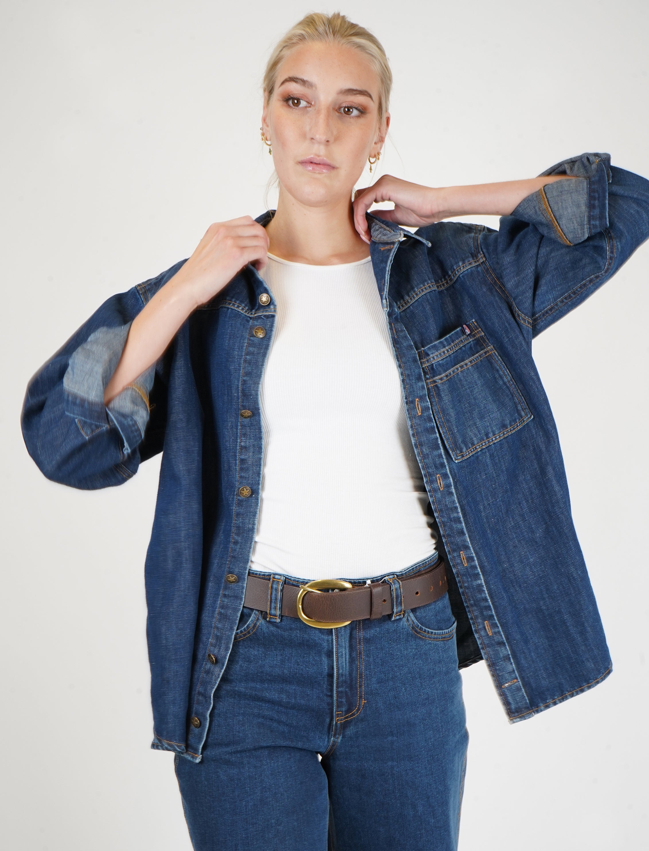 Linen Blend Women Denim Button Down