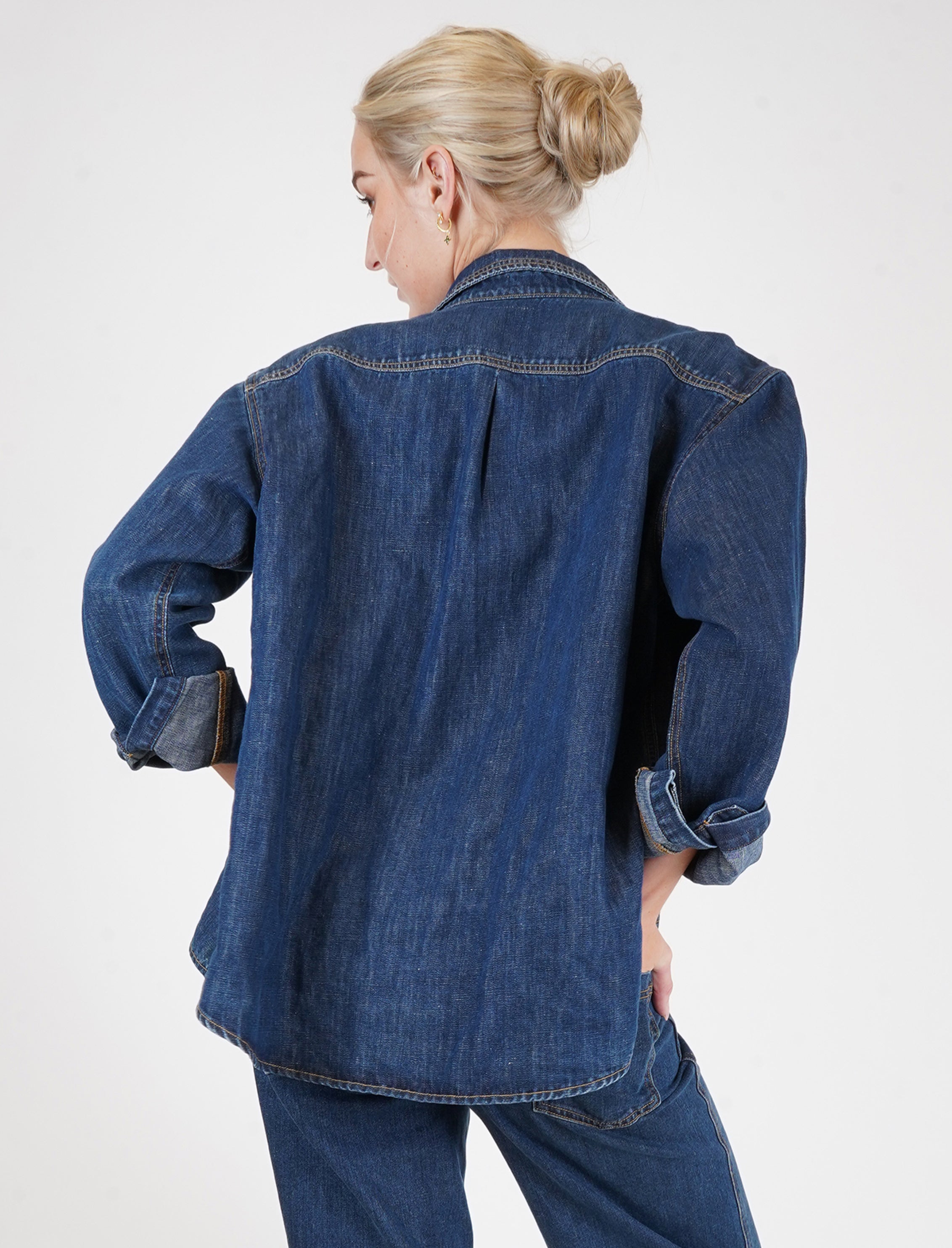 Linen Blend Women Denim Button Down
