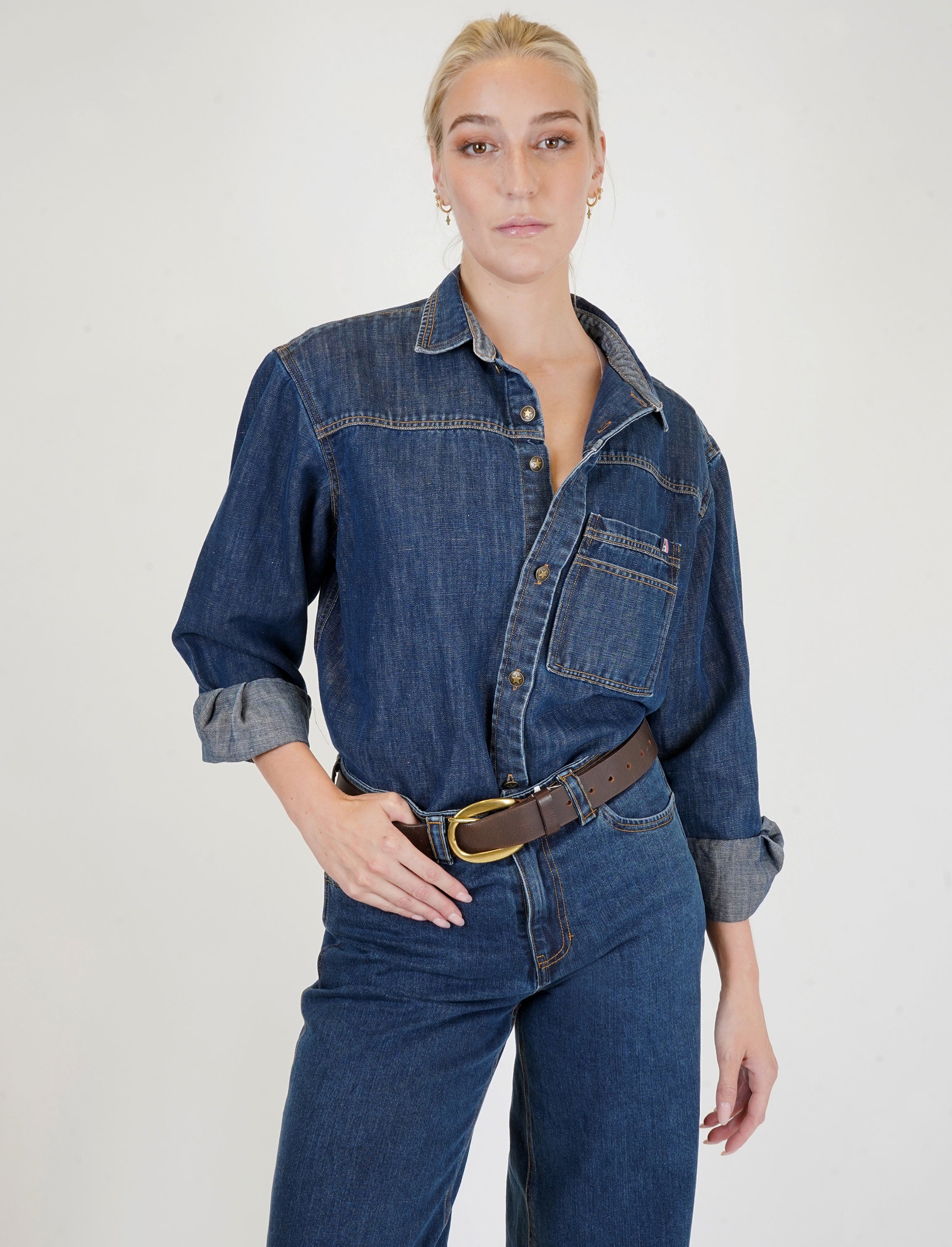 Linen Blend Women Denim Button Down