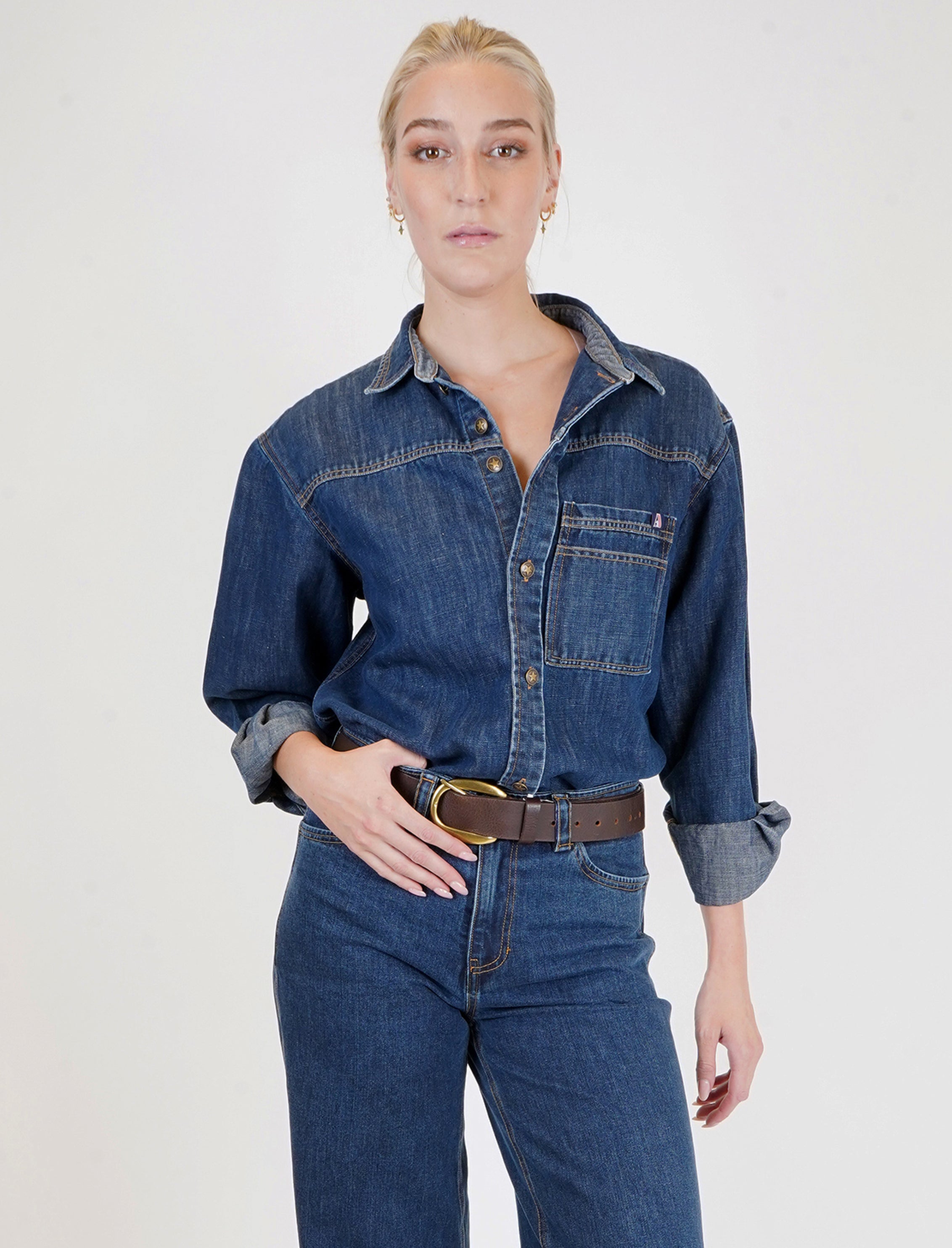 Linen Blend Women Denim Button Down